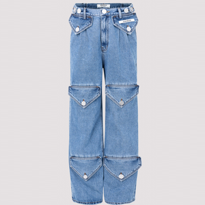 Pantalon cargo en jean délavé taille haute coupe ample pour femme, style décontracté, longueur intégrale avec plusieurs poches et braguette boutonnée - Product Image 3
