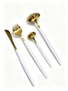 Ensemble de couverts personnalisables en acier inoxydable blanc et or de qualité hôtelière, poli miroir, couteau, fourchette et cuillère pour la restauration fine - Product Image 2