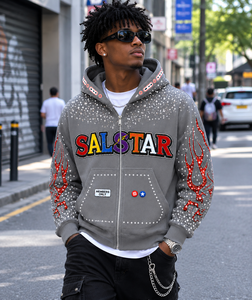 Custom <b>Men's</b> <b>Grey</b> Rhinestone Graphic Hoodie Jacket Zip Up Streetwear Hooded <b>Sweatshirt</b> Premium Embroidered Hip Hop Fashion - Product Image 5