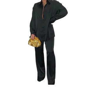 Conjunto de Pantalones Rectos para Mujer, Blusa Holgada de Dos Piezas, Atuendo Casual con Camisa de Manga Larga, Conjuntos Elegantes de Satén para Mujer 2026 - Product Image 1