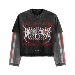 Women double layer cotton polyester 220 GSM acid wash black shirt <b>red</b> graphic print custom screen print logo Double Layer Shirts - Product Image 1