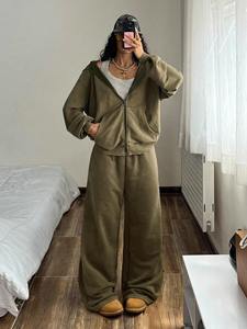 Custom Women's <b>Zip</b> Up Hoodie and Wide Leg Pants Tracksuit Premium Fleece Lounge Set OEM ODM Private Label Apparel - Product Image 3