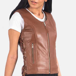 Chaleco de cuero para mujer, marrón, informal, sin mangas, con cuello redondo y cremallera, top de otoño, superventas, a la moda, estilo motero, prenda exterior, abrigo, tops - Product Image 5