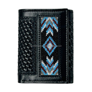 Cartera de tres pliegues de cuero genuino de grano completo de alta calidad para hombres con cuentas occidentales - Product Image 1