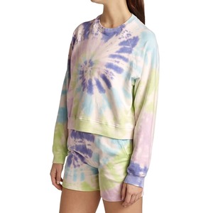 Sweat-shirt personnalisé pour femme, tie-dye, arc-en-ciel pastel bleu-vert, motif spirale tourbillonnante, col rond, manches raglan, pull en coton, mode, OEM, vente en gros - Product Image 4