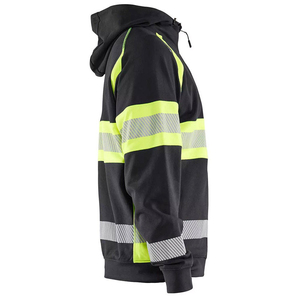 Veste polaire à capuche pour homme avec bandes réfléchissantes, noir et vert citron, style vêtement de travail, fermeture éclair, pour l'automne - Product Image 5
