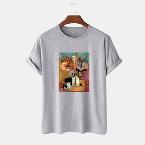 เสื้อยืดแขนสั้นสีขาวสำหรับผู้ชาย ลายพิมพ์ดอกไม้ คอกลม ทรงลำลอง ผ้าคอตตอนเจอร์ซีย์ ดีไซน์ด้านหน้าแบบถัก - Product Image 6