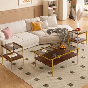 Set di 3 Tavolini da Caffè e Tavolini Laterali Moderni in Vetro Grigio, Vetro Temperato con Strato in MDF per Soggiorno - Product Image 1