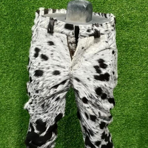 Cow Hair Leather Pant <b>Men</b> Western Cowhide Fur <b>Trousers</b> Black And <b>White</b> Spotted Real Hair On Hide Slim Fit - Product Image 3