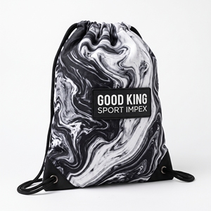 Mochila de gimnasio personalizada con cordón, diseño de mármol blanco y negro, efecto de piedra con remolinos de humo, estampado por sublimación, parche de goma con logo, monocolor, de alta calidad. - Product Image 1