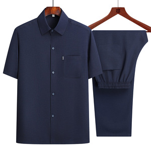 Men's Solid Plus Size Short Sleeve Shirt And Pants <b>Set</b> Casual Summer Wear Gray <b>Knitted</b> Cotton Fabric - Product Image 3