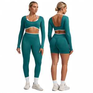Ensemble de yoga sans couture 2 pièces pour femme : haut court à manches longues et col rond, leggings taille haute - Product Image 4