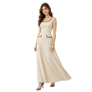Elegent Beige <b>Maxi</b> <b>Dress</b> Spaghetti Strap Contrast Trim <b>Pockets</b> Sheath Silhouette Formal Elegant Woven Fabric Breathable <b>Dress</b> - Product Image 4