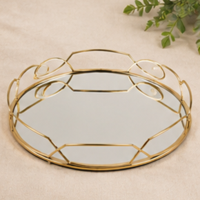 Round Metal Storage <b>Tray</b> With <b>Mirror</b> Insert Modern Design Durable Indoor Tabletop Accessory Living Room Decor - Product Image 2