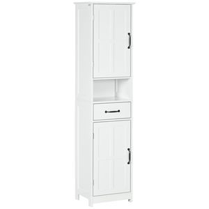 Mobiletto Alto Bianco Salvaspazio per Bagno, Armadio a Colonna con Ripiani Aperti, Cassetti e Ante a Scomparsa, Ripiani Regolabili in MDF, Ideale per Uso Ospedaliero - Product Image 1