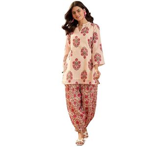 Women's <b>Linen</b> Floral Print Summer Wear Straight Short Kurti With farshi Salwar Set Kurta Pant Set - Product Image 1