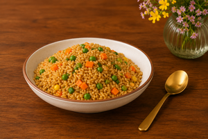 Riz frit aux légumes fait maison servi dans un bol en céramique rustique, style restaurant – Repas de riz asiatique sain - Product Image 4