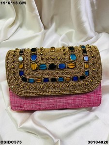 <b>Beaded</b> Clutch Evening Bag With Chain <b>Strap</b> Sparkling Ethnic Design For Party Bridal Use designer clutch purse with stone work - Product Image 2