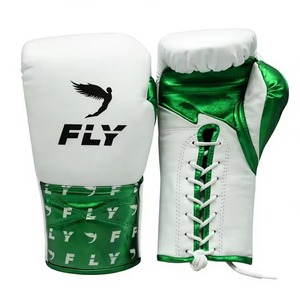 Gants de boxe Fly blancs et verts en cuir à lacets, à doigts entiers, pour adultes, entraînement et sparring - Product Image 1