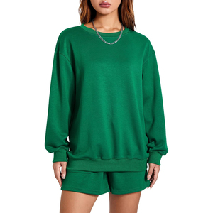 Women's <b>2</b> <b>Piece</b> <b>White</b> Woven Sweatshirt Shorts <b>Set</b> Crew Neck Regular Fit Casual All Seasons Solid Color Pocket Embroidered ODM - Product Image 1