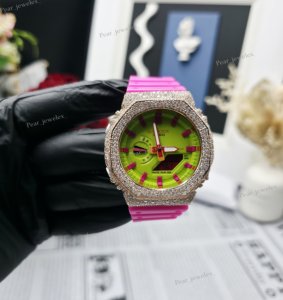 Montre analogique-numérique Bust Down avec lunette en moissanite VVS, bracelet en caoutchouc rose, boîtier rond, cadran pour femme, luxe et mode - Product Image 1