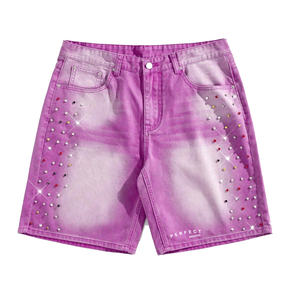 Pantalones Cortos de Mezclilla 100% Algodón Ecológico para Hombre, Estilo Vintage con Pedrería, Cierre de Cremallera, Estilo Hip Hop - Product Image 4