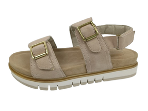 Beige Leather Suede Platform Sandals Open Toe Buckle Closure <b>Cushioned</b> Flat Summer Shoes - Product Image 3