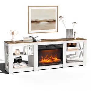 Meuble de cheminée double face de 70 pouces, blanc lavable, avec comptoir brun, 177,8*34,5*60cm, cheminées électriques de 23 pouces - Product Image 1
