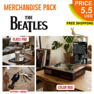PACK DE MERCHANDISES LES BEATLES : porte-clés, plaque en verre et boîte colorée artisanale - Product Image 1