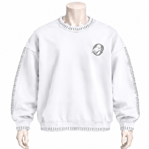 Sudadera de cuello redondo para hombre, blanca, con borde cosido, efecto desgastado, corte holgado, manga larga, estilo casual, streetwear, para uso diario. - Product Image 1