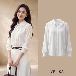 Blusa Elegante de Gasa Blanca para Mujer, con Cuello Peter Pan, Manga Larga, con Volantes, Corte Regular, para Todas las Temporadas, IVY - Product Image 1