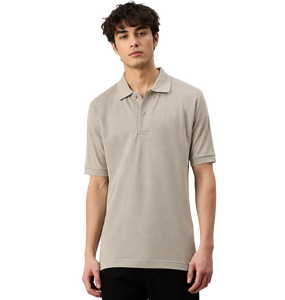 Polo à manches courtes en piqué de coton beige pour homme, coupe classique, couleur unie, décontracté, respirant, design tricoté - Product Image 1