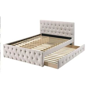 Letto singolo contemporaneo imbottito in tela marrone chiaro con letto estraibile, doghe e testiera e pediera trapuntate, mobili per camera da letto per ragazzi - Product Image 5