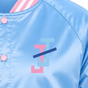 เสื้อแจ็คเก็ตผ้าซาตินสีน้ำเงินและชมพู แต่งขอบตัดสีพร้อมลายตัวอักษร  แบบเบสบอล ติดกระดุม น้ำหนักเบา สวมใส่สบาย - Product Image 3