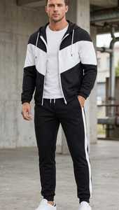 ONETEN APPARELS Conjunto Deportivo con Capucha para Hombre, Color Negro y Blanco, Bloques de Color Sólido, 2 en 1, Pantalones Deportivos Largos 100% Algodón con Cintura Elástica - Product Image 5