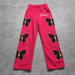 Pink Butterfly Print Sweatpants Women Wide Leg Joggers Rhinestone Graphic Streetwear Y2K Fashion Casual Loose Fit Trousers - Product Image 1