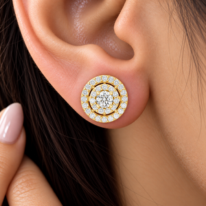 Boucles d'oreilles clous en or massif 14K 18K avec diamant de laboratoire taille ronde, double halo pavé, DEF VVS, bijoux fins pour mariage, cadeau, vente en gros - Product Image 2
