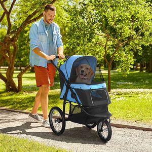 Blue Pet Stroller for Small Medium <b>Dogs</b> Adjustable Canopy Safety Tether Storage Basket <b>Button</b> Closure Aluminium Carriers - Product Image 2