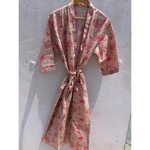 Bata de Baño Kimono de Algodón Floral para Mujer, Hecha a Mano con Estampado de Bloques, Estilo Boho, para Verano, Spa y Descanso, Regalo - Product Image 1