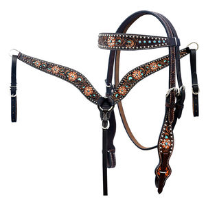 Western Equestrian Tack Set Hand <b>Tooled</b> <b>Leather</b> Headstall Breast Collar with Split Reins - Product Image 1