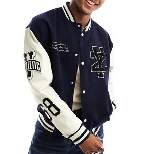 Veste universitaire en laine, nouvelle arrivée 2024, col montant, capuche, décontractée, baseball, patchwork, hiver, manches en cuir, veste tissée - Product Image 1