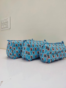 Quilted Reusable Fashion Zipper Cosmetic Bag Set Handmade Block Print Sponge Vanity <b>Case</b> Indian Cotton Travel Kit Craft Jaipur - Product Image 3