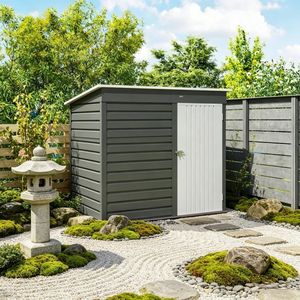 Casetta da Giardino Moderna per Esterni, Resistente e Impermeabile, in Metallo e Legno con Telaio in Acciaio, per Patio e Cortile - Product Image 6