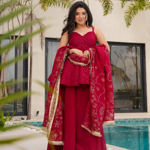 Conjunto de Top de Organza con Bordado de Diseñador, Pantalones Plazzo y Dupatta para Mujer - Product Image 1