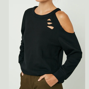 <b>Women</b> <b>Black</b> Color Distressed <b>Sweatshirts</b> Cut Out Streetwear Terry Fleece Cut Sleeves Drop Shoulder Ripped Distress <b>Sweatshirts</b> - Product Image 1