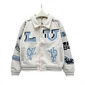 Multi-Patches 100% <b>Wool</b> Anti-Bacterial Breathable Windproof Embroidered Letter Pattern Streetwear Varsity Jacket - Product Image 1