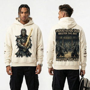 Sweat à capuche gris foncé vieilli pour homme, motif Zombie Cowboy Rider, streetwear vintage, délavé à l'acide, épais, personnalisé en usine - Product Image 3