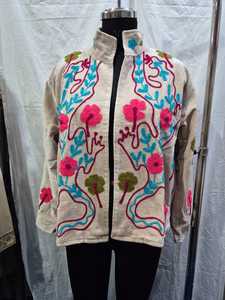 Beige <b>Velvet</b> Suzani Embroidered <b>Jacket</b> for <b>Women</b> Floral Threadwork Ethnic Open Front <b>Jacket</b> Designer Festive Winter Wear - Product Image 5