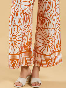 Pantalon palazzo élégant à imprimé uni orange avec cordon de serrage à la taille pour femmes - Pantalon tendance confortable pour toutes les saisons - Product Image 2