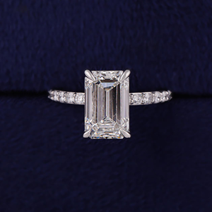 Emerald Cut Diamond Engagement Ring White Gold Prong Setting Pave Band Classic Women's Fine Jewelry - Product Image 3